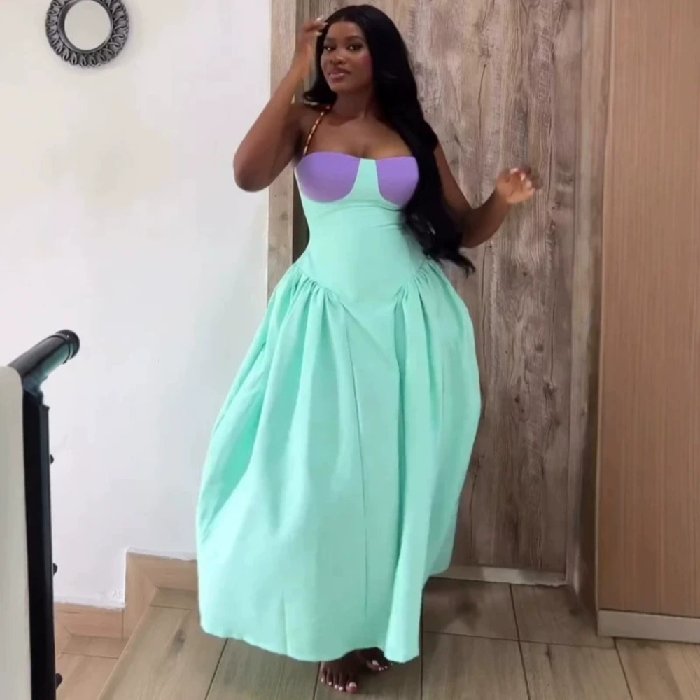 Elegant African Style Two Tone Strapless Halter Neck Waist Cinching Maxi Dress